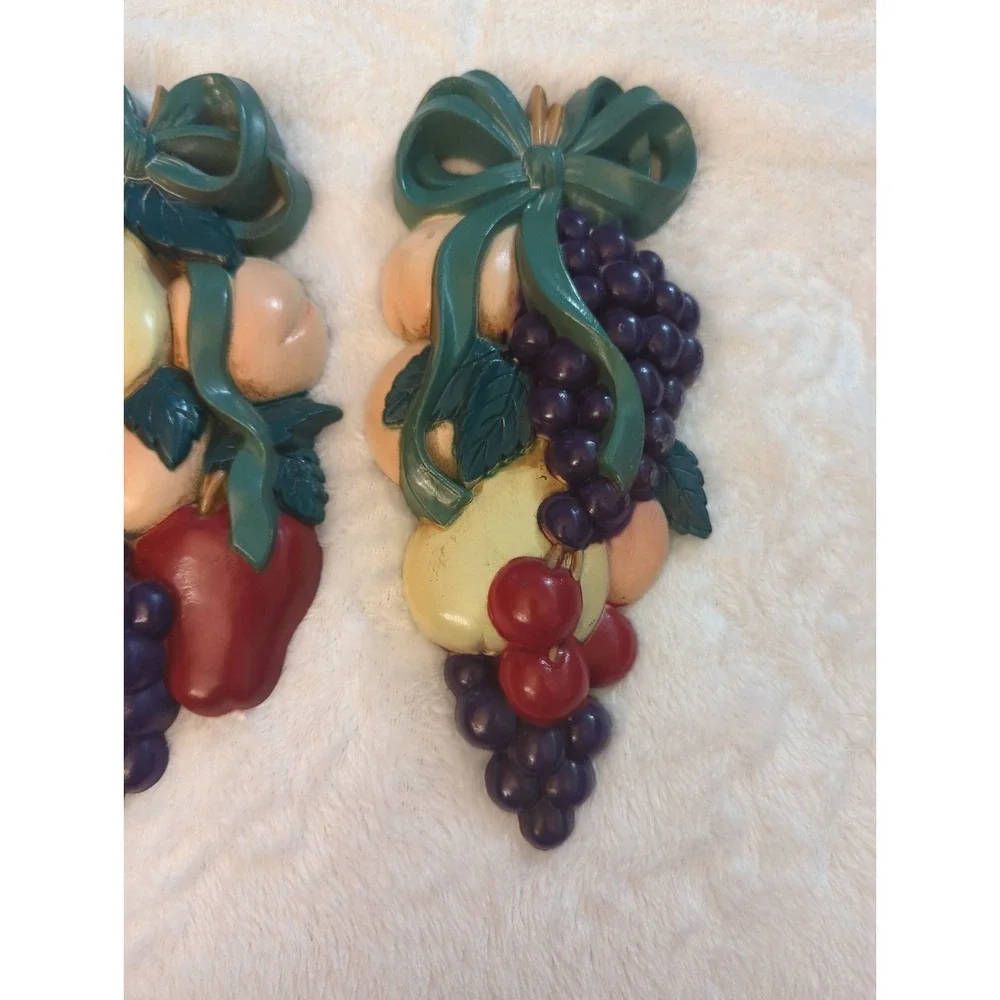 Vintage 1991 Burwood Products Fruit Wall Hanging Pair Wall Decor Kitsch, Ribbons